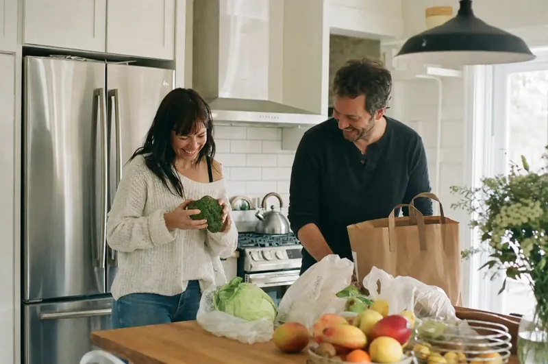 Un couple range l'épicerie dans une cuisine avec un réfrigérateur neuf